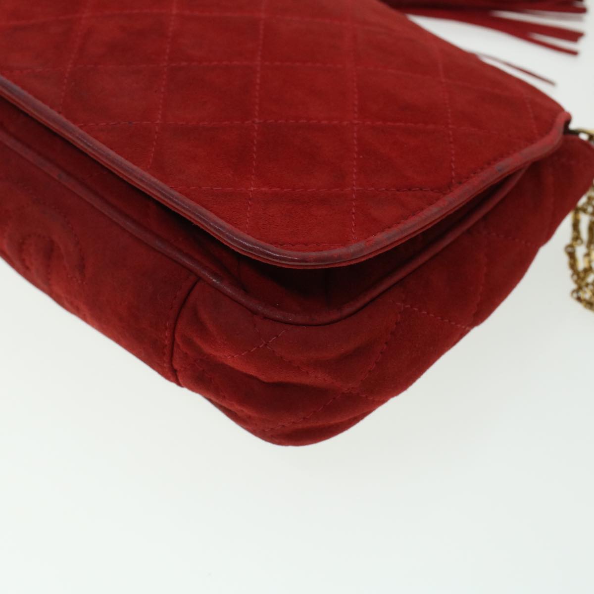 CHANEL Chain Shoulder Bag Suede Red Gold CC Auth bs6033