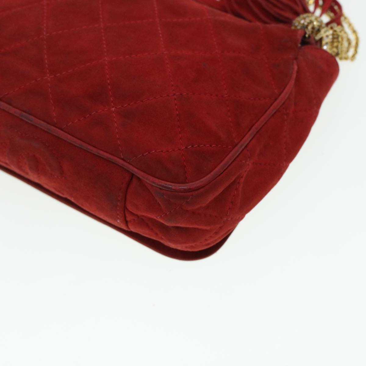 CHANEL Chain Shoulder Bag Suede Red Gold CC Auth bs6033