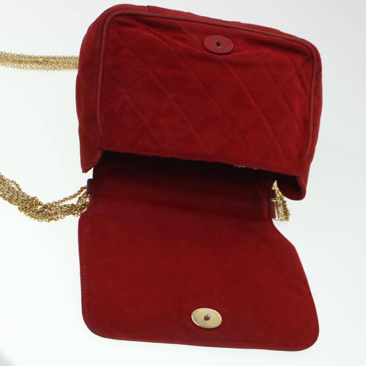 CHANEL Chain Shoulder Bag Suede Red Gold CC Auth bs6033