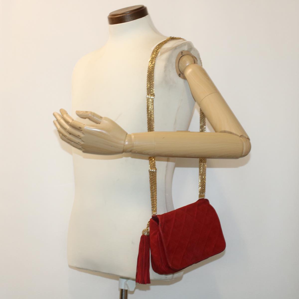 CHANEL Chain Shoulder Bag Suede Red Gold CC Auth bs6033