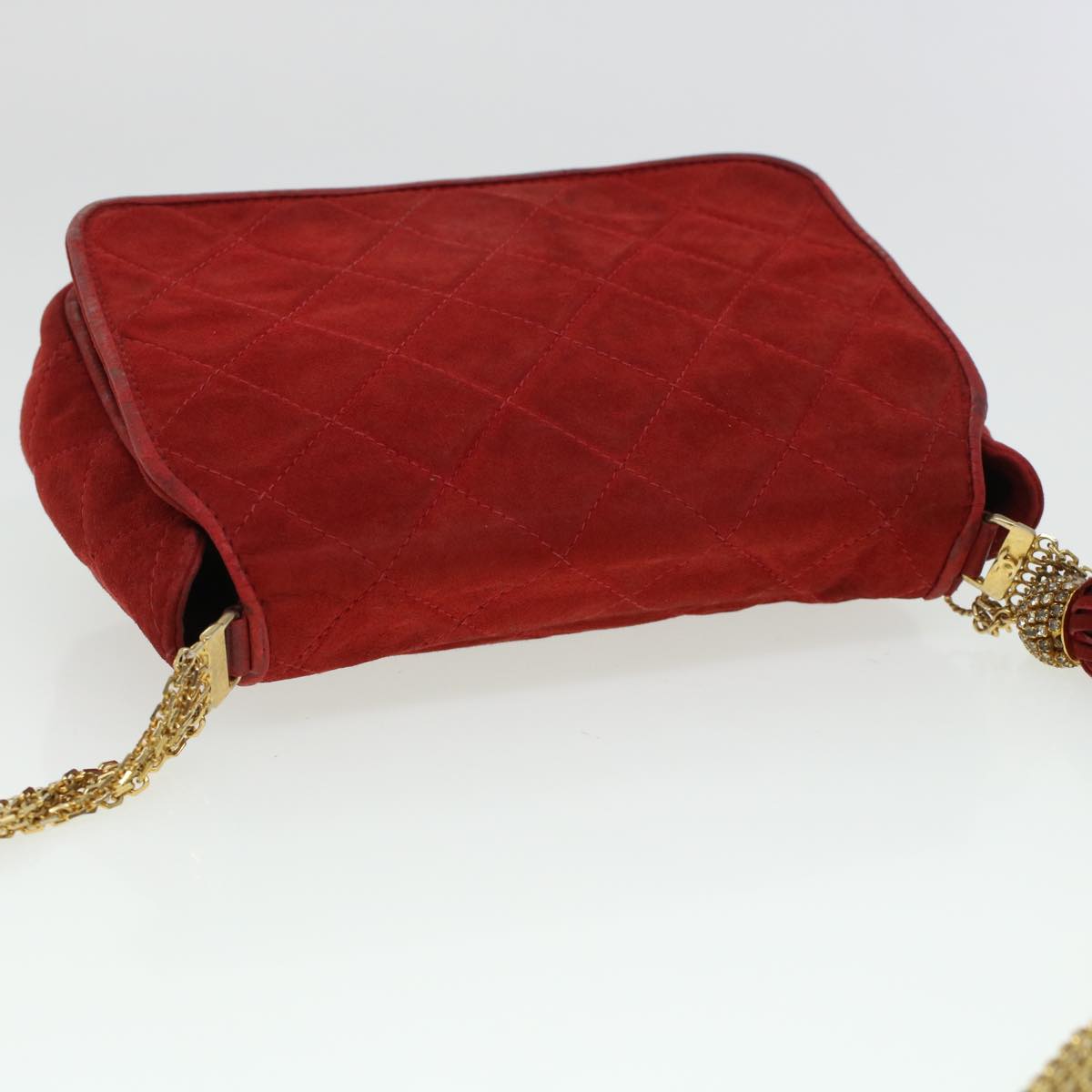 CHANEL Chain Shoulder Bag Suede Red Gold CC Auth bs6033