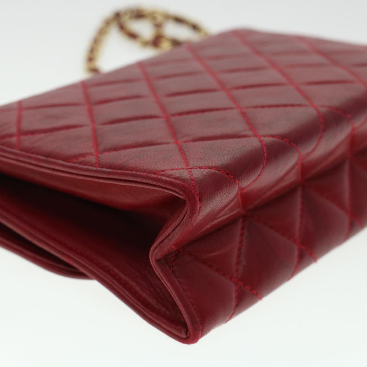 CHANEL Chain Matelasse Shoulder Bag Lamb Skin Red CC Auth bs6079