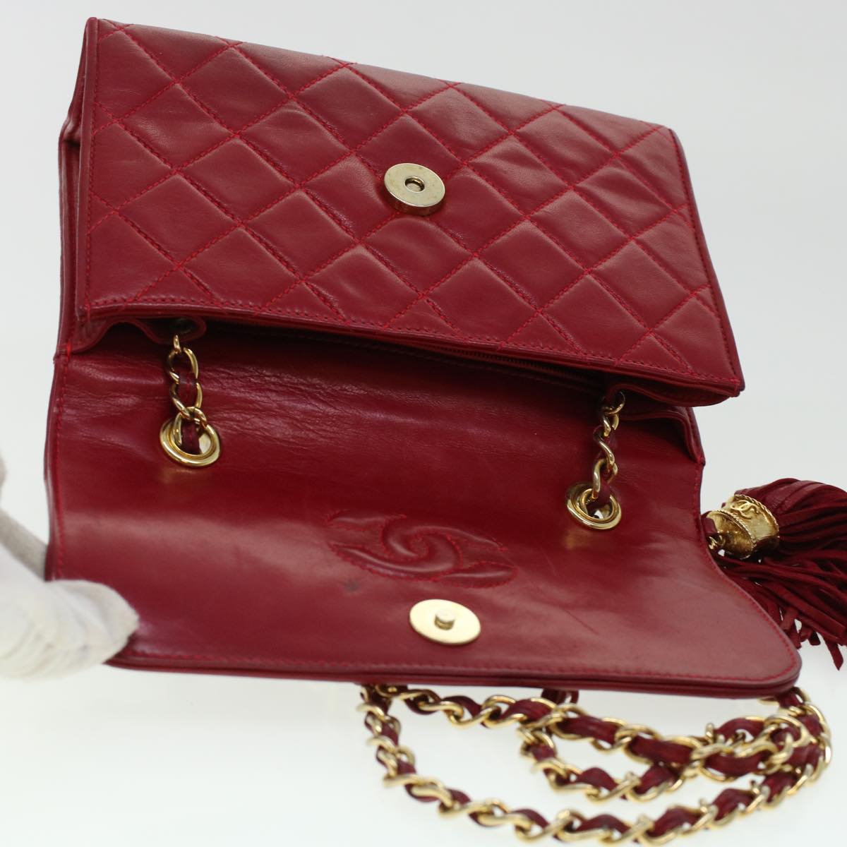 CHANEL Chain Matelasse Shoulder Bag Lamb Skin Red CC Auth bs6079