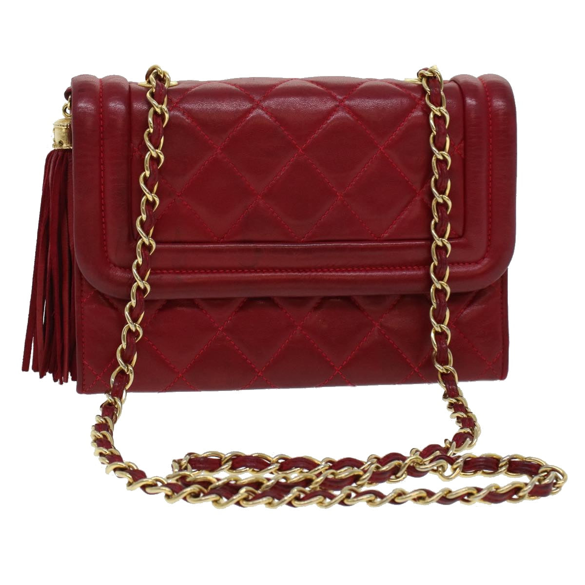 CHANEL Chain Matelasse Shoulder Bag Lamb Skin Red CC Auth bs6079