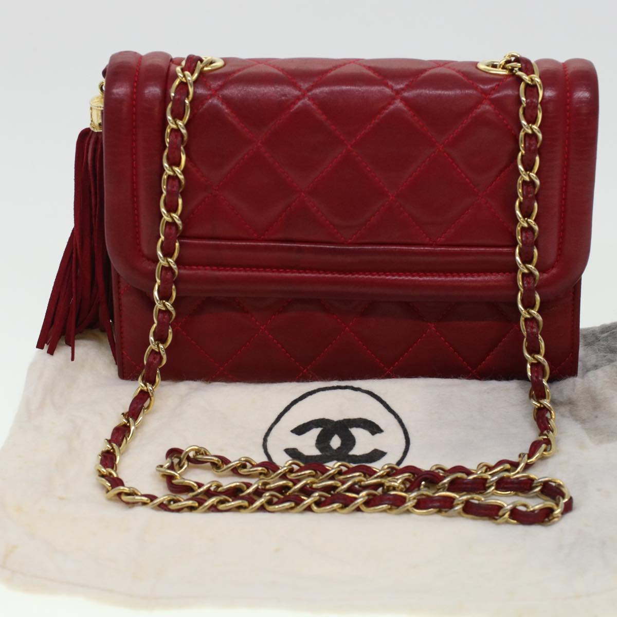 CHANEL Chain Matelasse Shoulder Bag Lamb Skin Red CC Auth bs6079