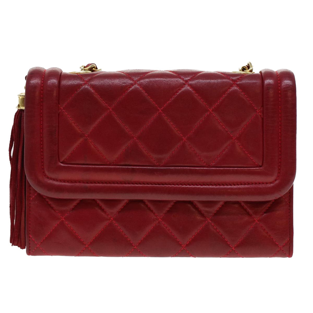 CHANEL Chain Matelasse Shoulder Bag Lamb Skin Red CC Auth bs6079