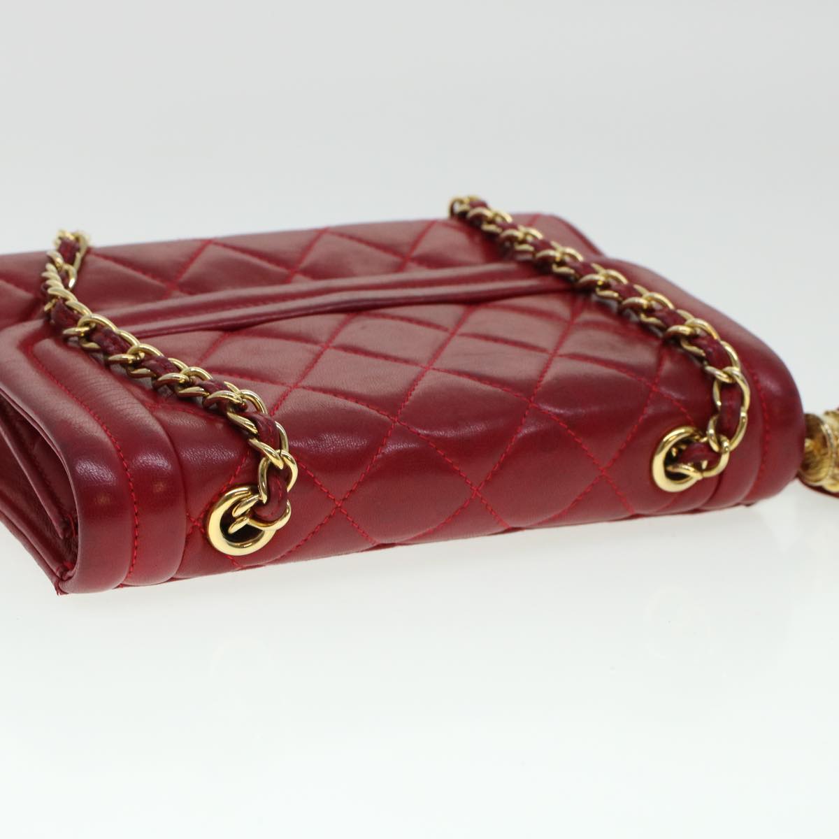 CHANEL Chain Matelasse Shoulder Bag Lamb Skin Red CC Auth bs6079