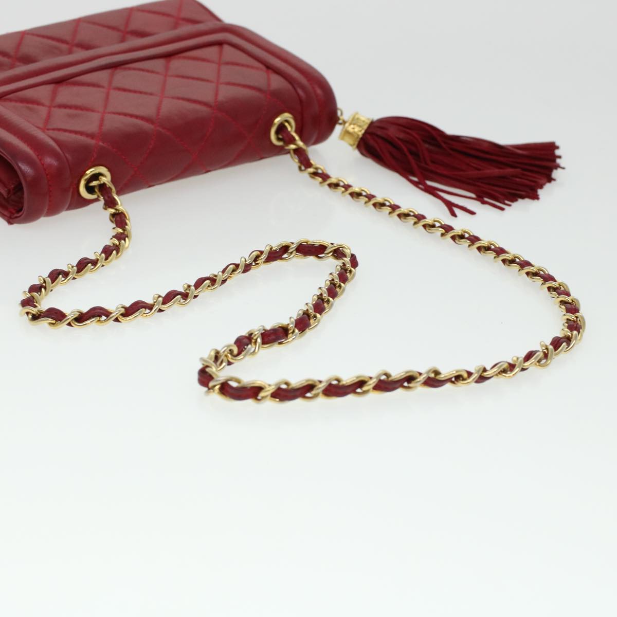 CHANEL Chain Matelasse Shoulder Bag Lamb Skin Red CC Auth bs6079