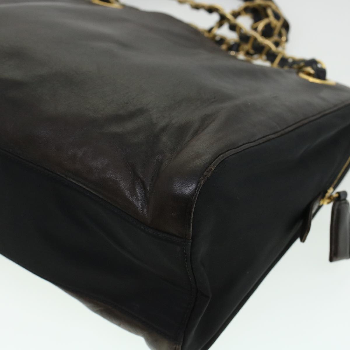 PRADA Chain Shoulder Bag Leather Nylon Brown Black Auth bs6142
