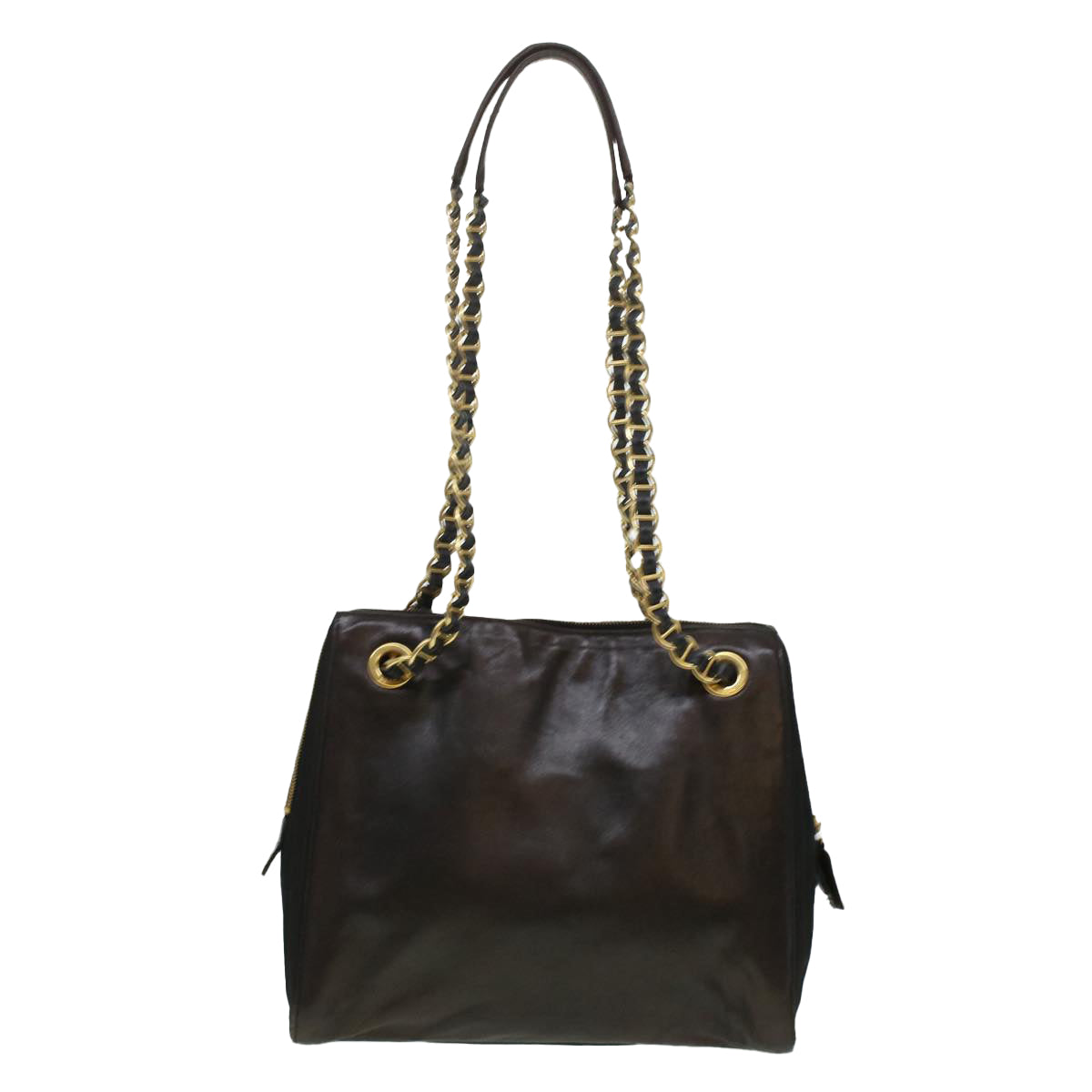 PRADA Chain Shoulder Bag Leather Nylon Brown Black Auth bs6142 - 0