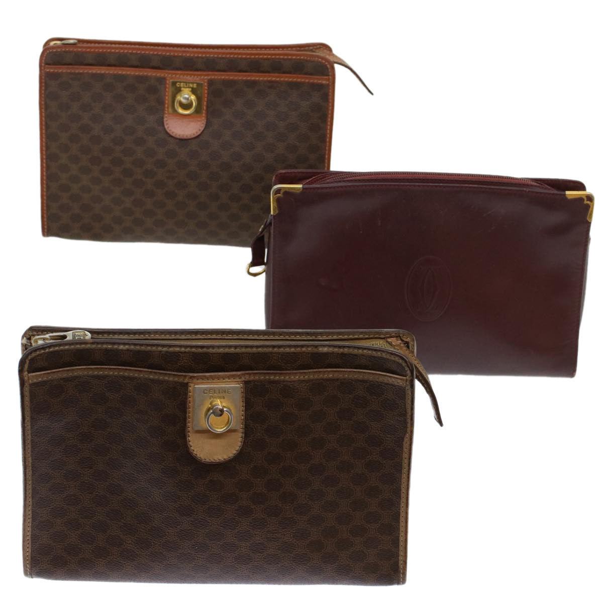 CELINE Cartier Macadam Canvas Clutch Bag Leather 3Set Wine Red Brown Auth bs6276