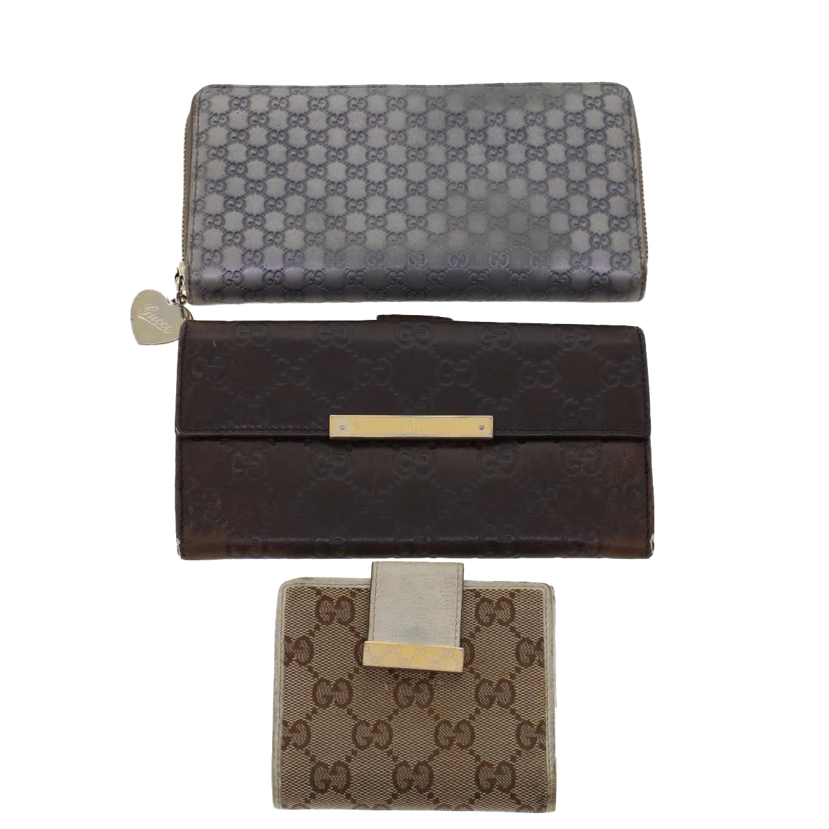 GUCCI GG Canvas Long Wallet Leather 3Set Brown Beige Silver Auth bs6283