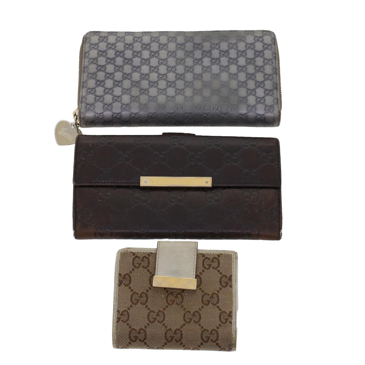 GUCCI GG Canvas Long Wallet Leather 3Set Brown Beige Silver Auth bs6283 - 0