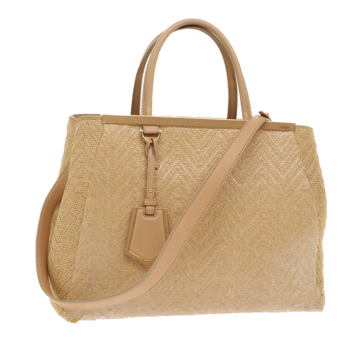 FENDI Two Joule Hand Bag Straw Beige Auth bs6299