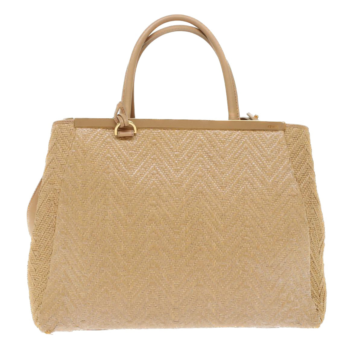 FENDI Two Joule Hand Bag Straw Beige Auth bs6299