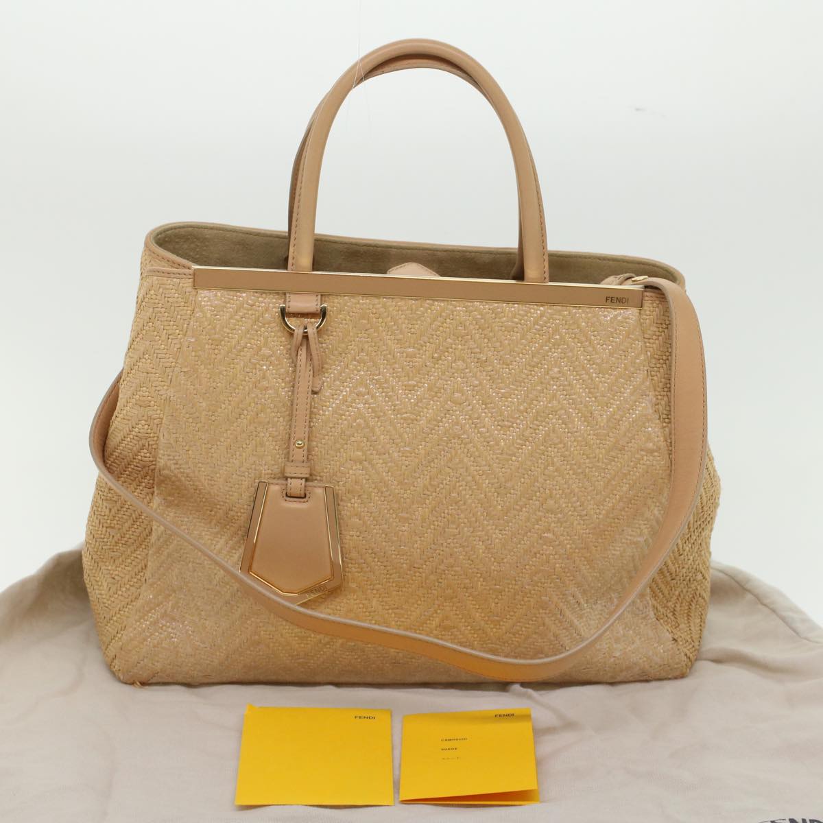 FENDI Two Joule Hand Bag Straw Beige Auth bs6299