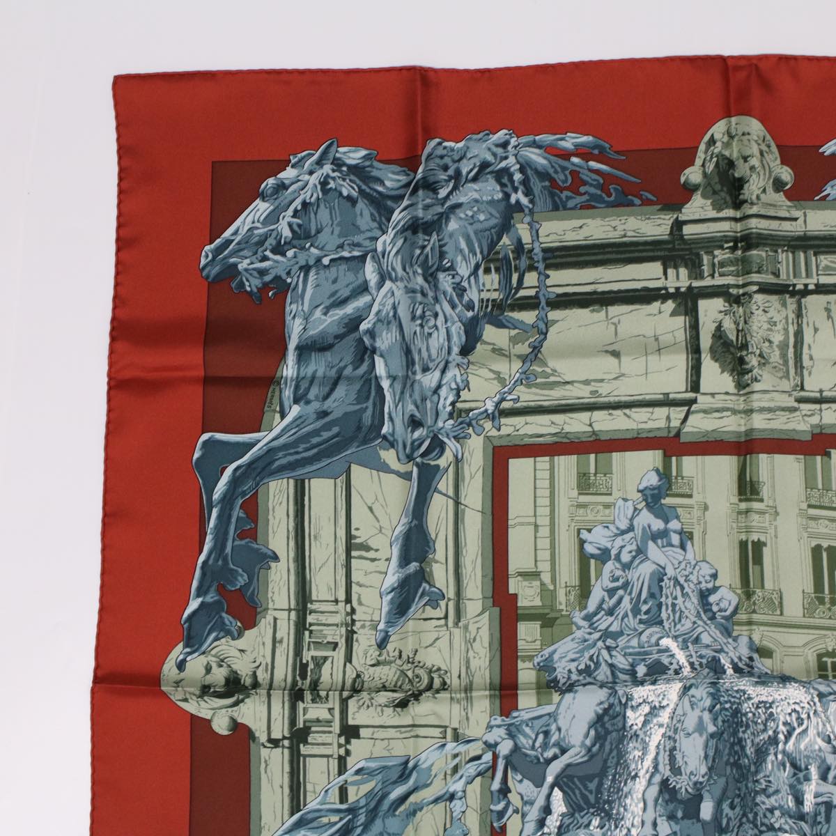 HERMES Carre 90 Scarf ""LA FONTAINE DE BARTHOLDI"" Silk Red Auth bs6382 - 0