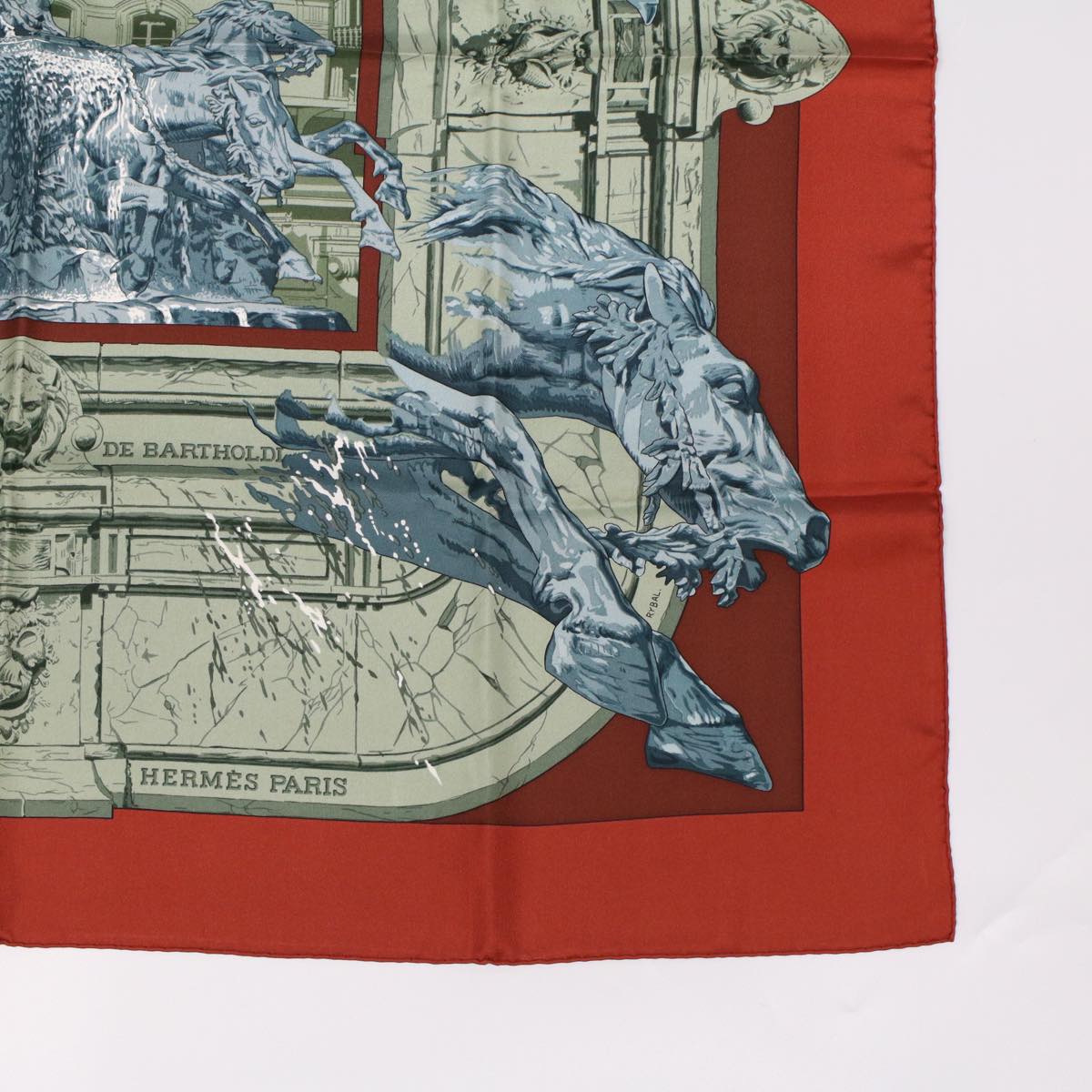 HERMES Carre 90 Scarf ""LA FONTAINE DE BARTHOLDI"" Silk Red Auth bs6382