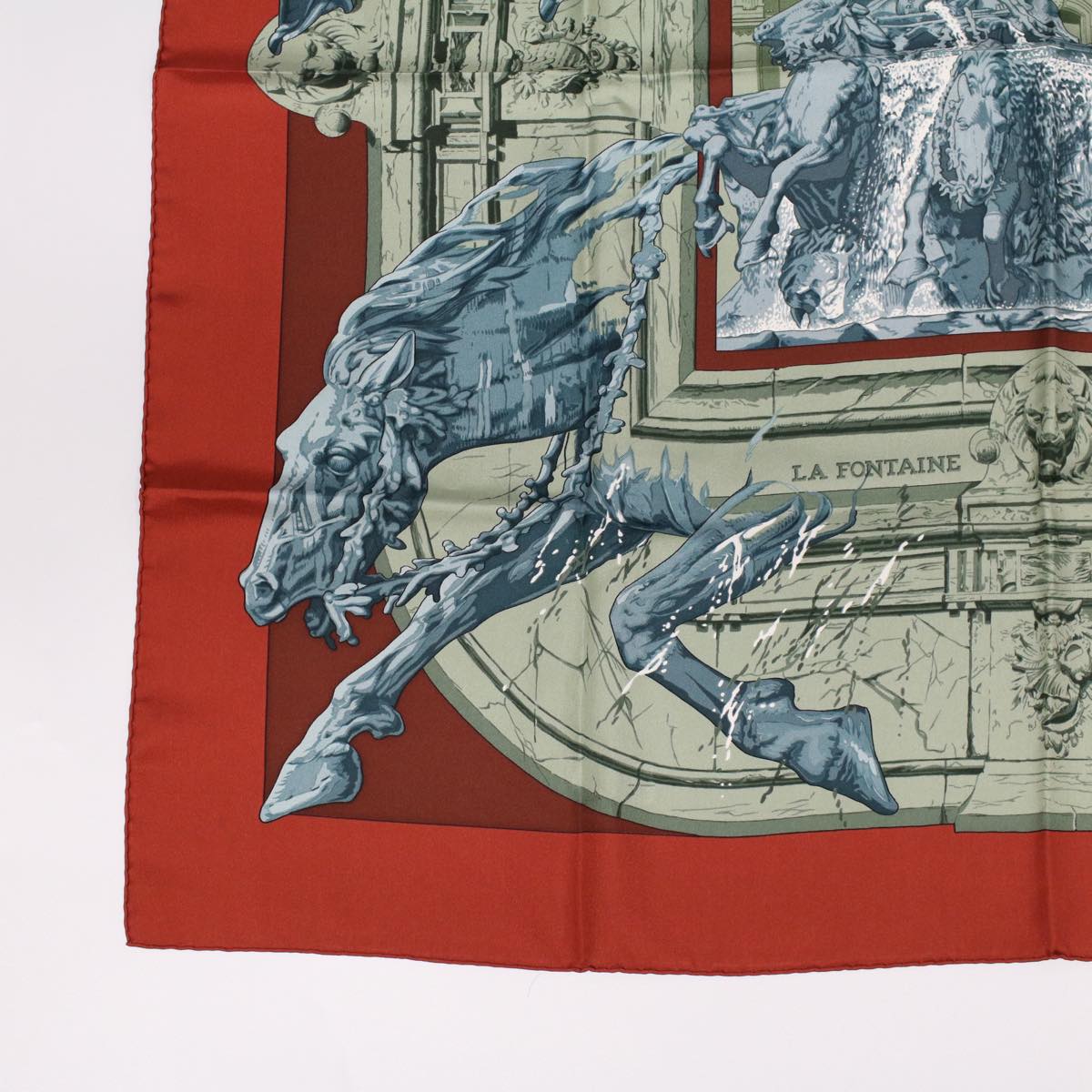 HERMES Carre 90 Scarf ""LA FONTAINE DE BARTHOLDI"" Silk Red Auth bs6382