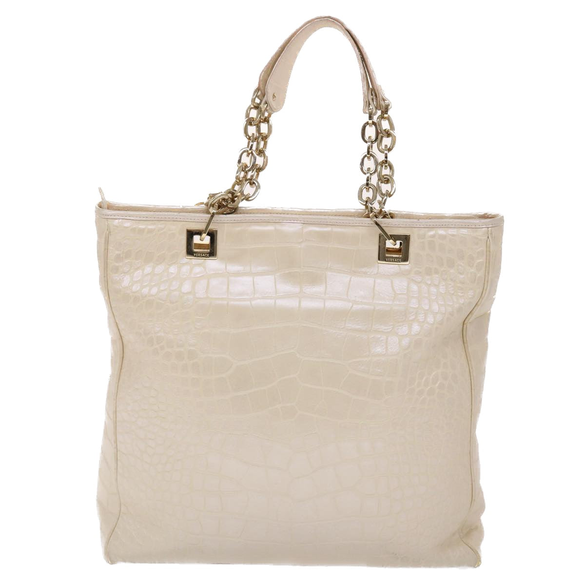 VERSACE Chain Shoulder Bag Leather White Auth bs6386