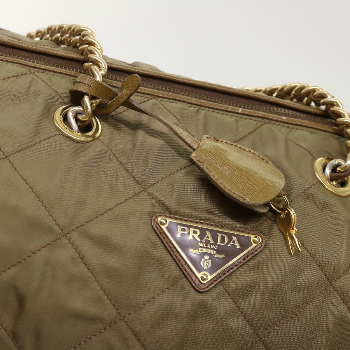 PRADA Chain Boston Bag Nylon Khaki Auth bs6402