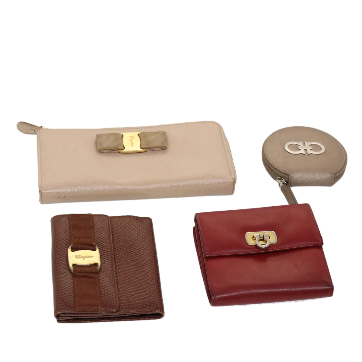 Salvatore Ferragamo Wallet Leather 4Set Beige Brown Red Auth bs6420