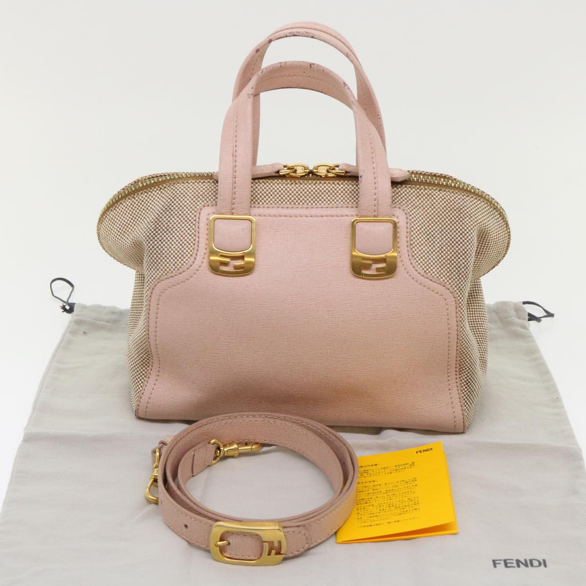 FENDI Chameleon Hand Bag Leather Canvas 2way Pink Brown Auth bs6469