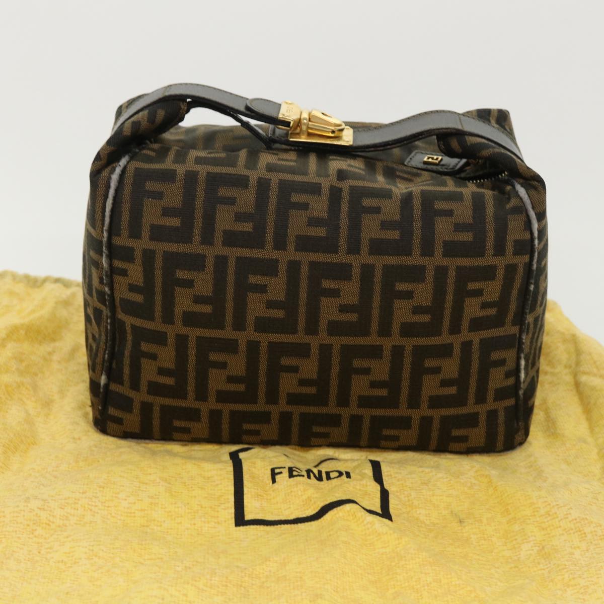 FENDI Zucca Canvas Hand Bag Leather Black Brown 2111 26348 079 Auth bs6481