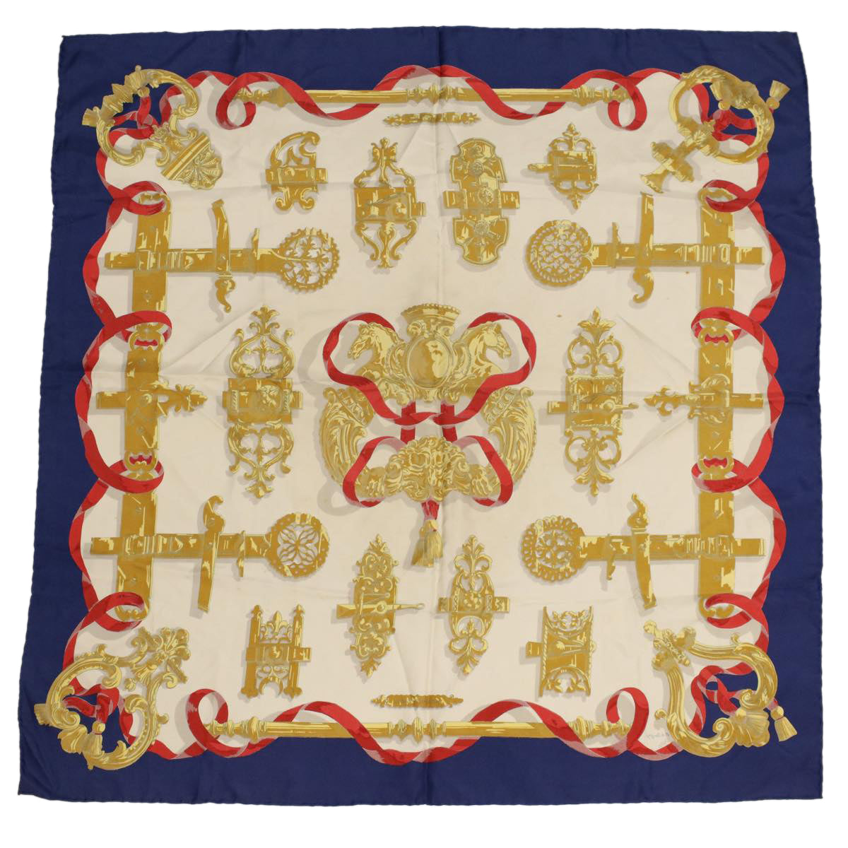 HERMES Carre 90 FERRONERIE Scarf Silk Navy Red Auth bs6505