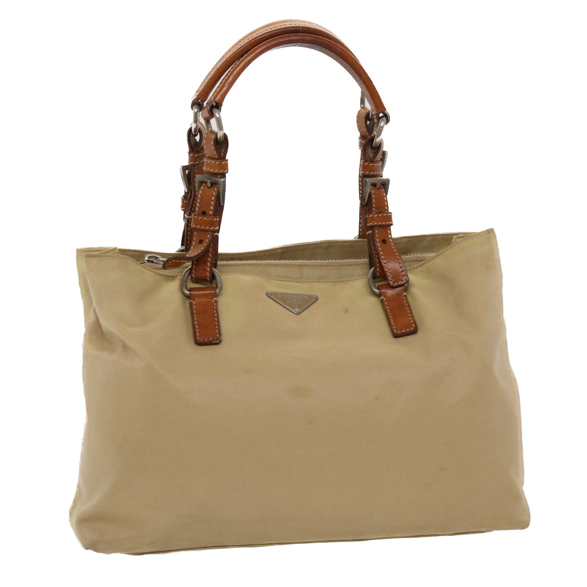 PRADA Hand Bag Nylon Leather Beige Auth bs6563