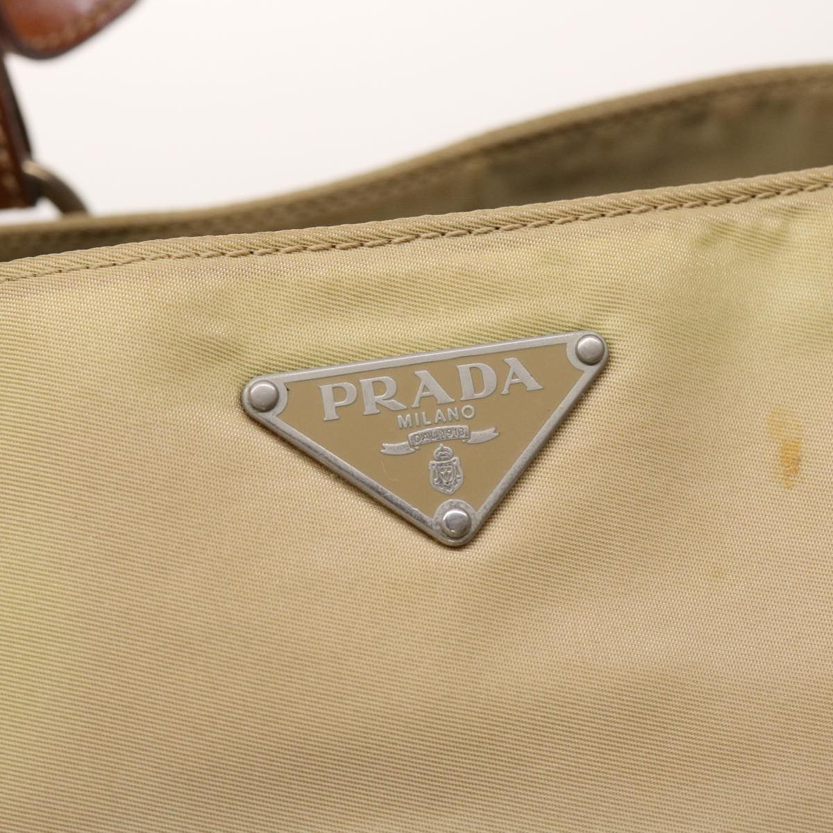 PRADA Hand Bag Nylon Leather Beige Auth bs6563