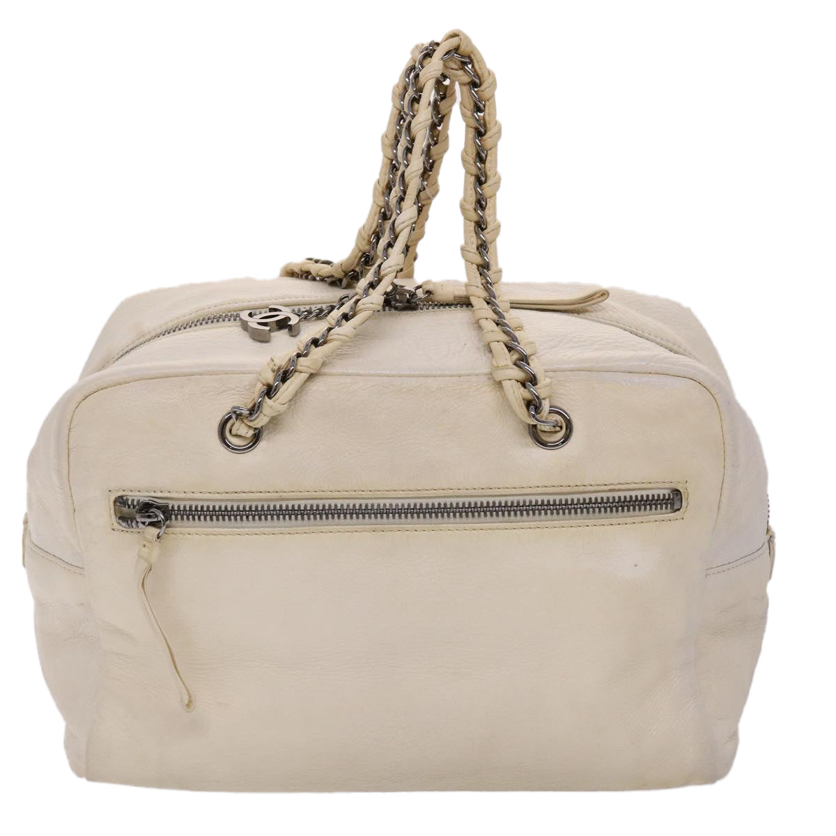 CHANEL Chain Boston Bag Leather White CC Auth bs6591 - 0
