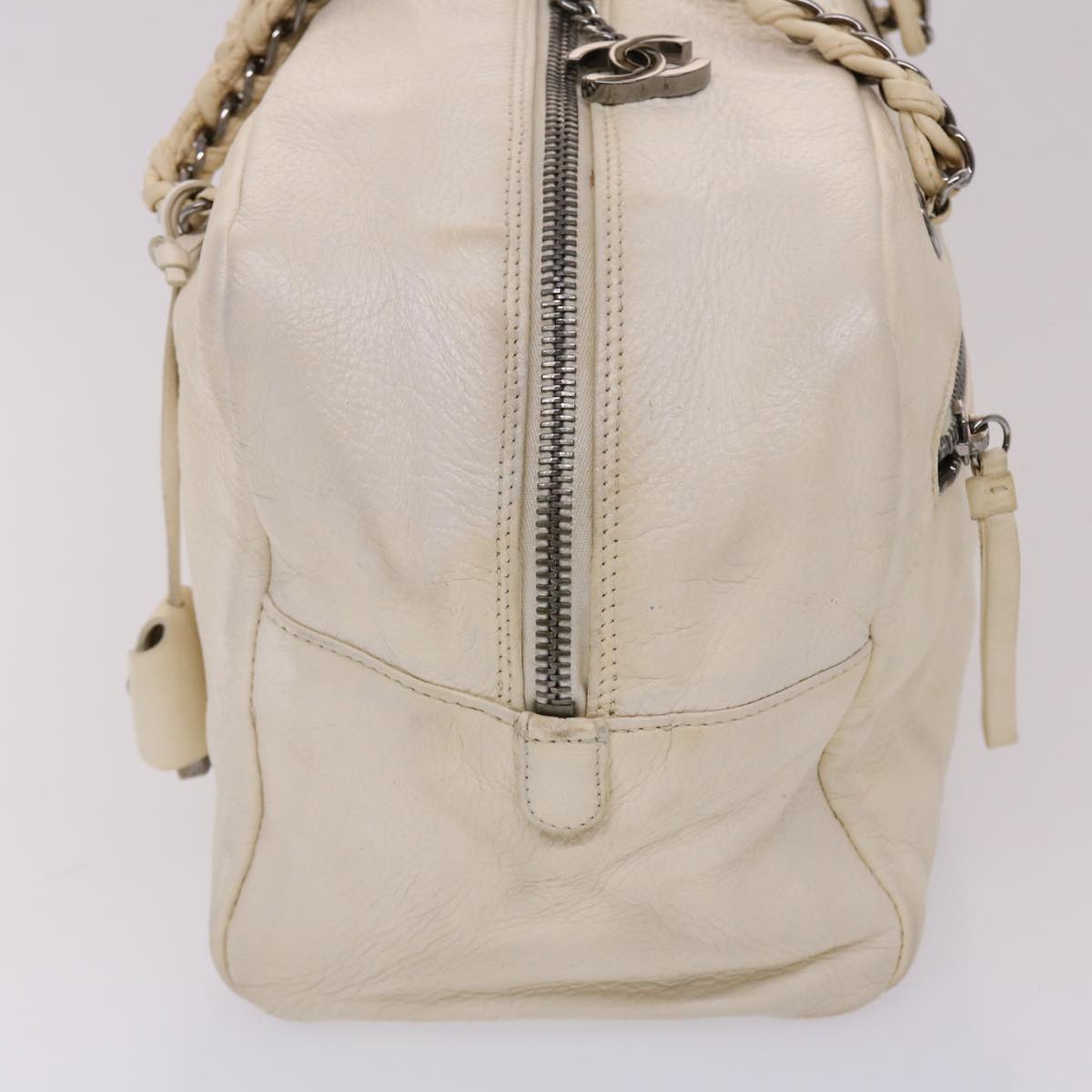 CHANEL Chain Boston Bag Leather White CC Auth bs6591