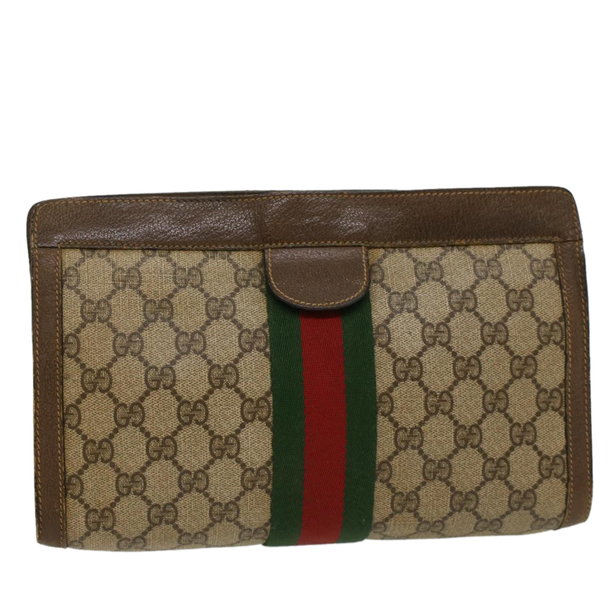 GUCCI GG Canvas Web Sherry Line Clutch Bag Beige Red 89•01•002 Auth bs6599