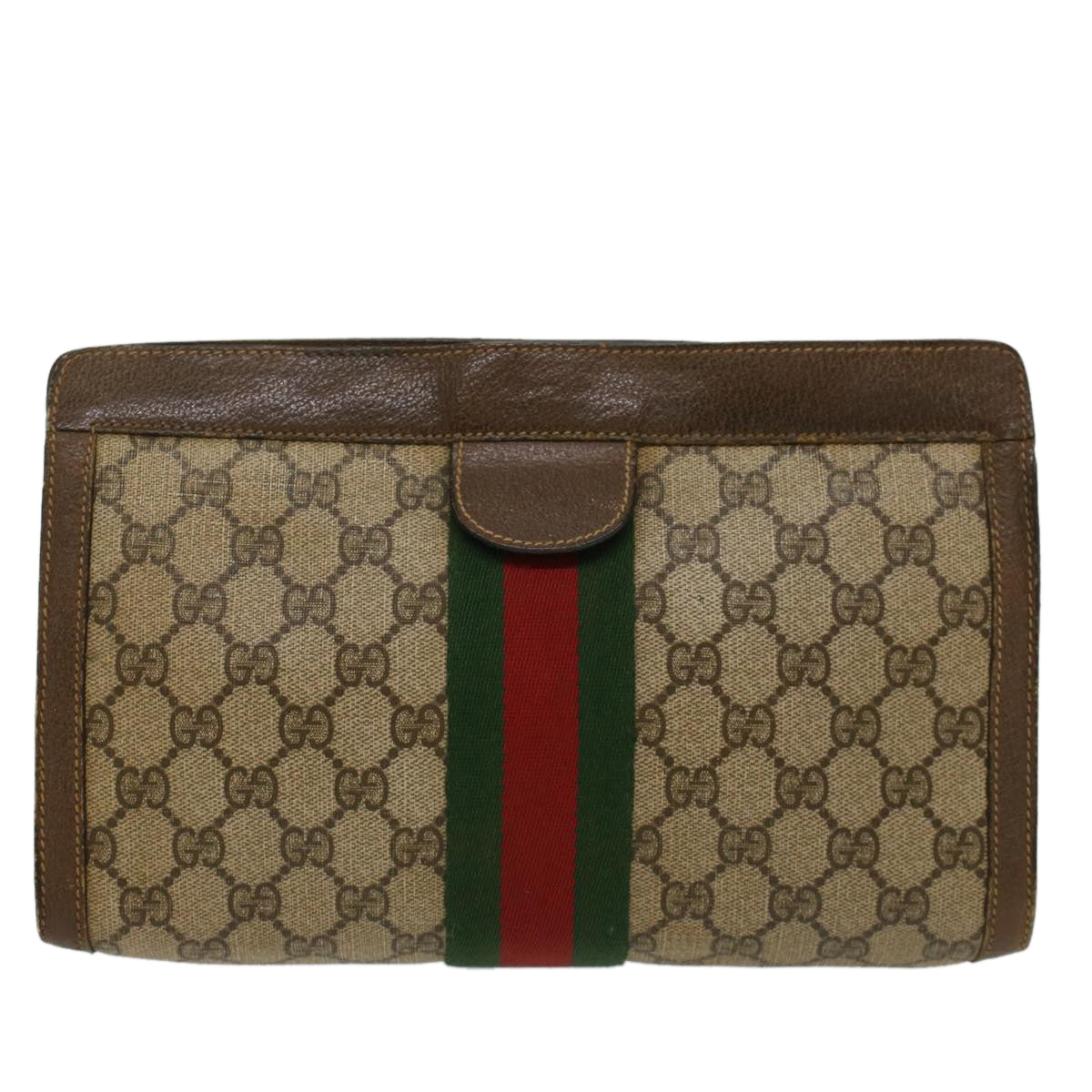 GUCCI GG Canvas Web Sherry Line Clutch Bag Beige Red 89•01•002 Auth bs6599