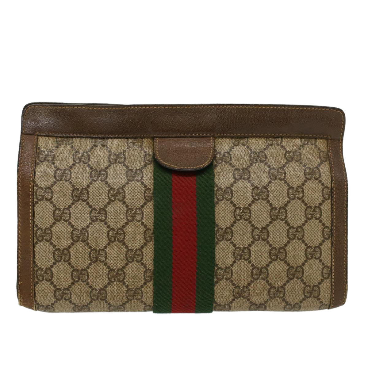 GUCCI GG Canvas Web Sherry Line Clutch Bag Beige Red 89•01•002 Auth bs6599 - 0