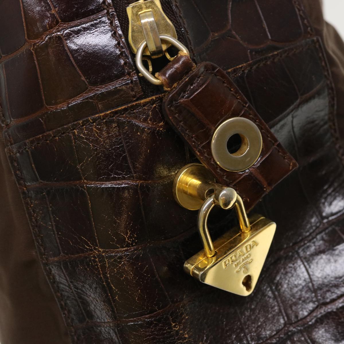 PRADA Hand Bag Leather Nylon Brown Auth bs6628