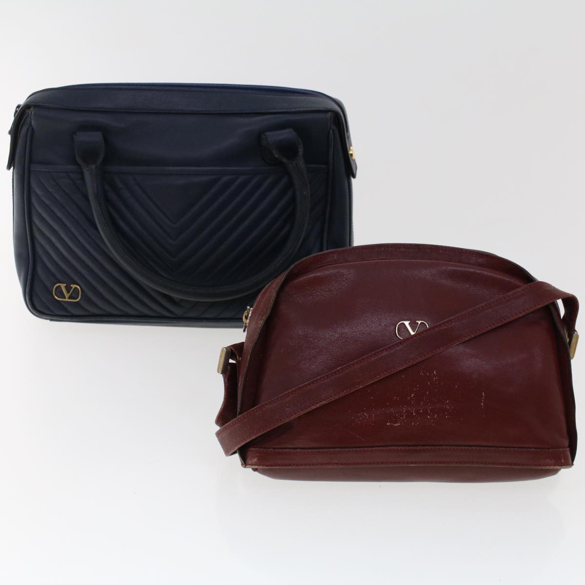 VALENTINO Hand Bag Shoulder Bag Leather 2Set Navy Red Auth bs6643