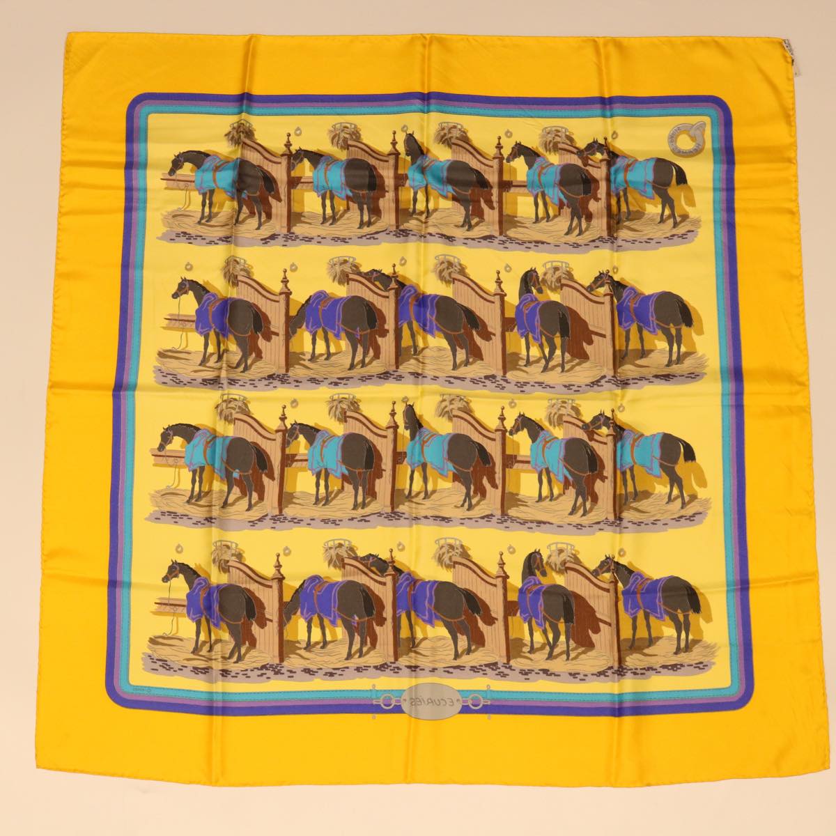 HERMES Carre 90 ECURiES Scarf Silk Yellow Blue Auth bs6679