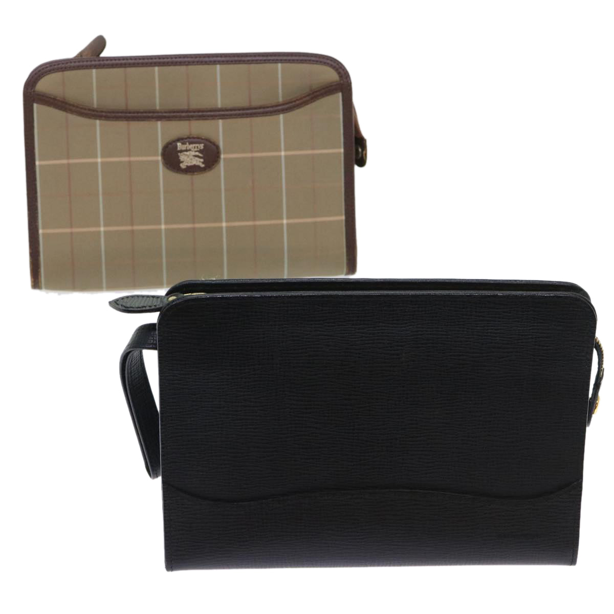 BURBERRY Clutch Bag Nylon Leather 2Set Black Beige Auth bs6751