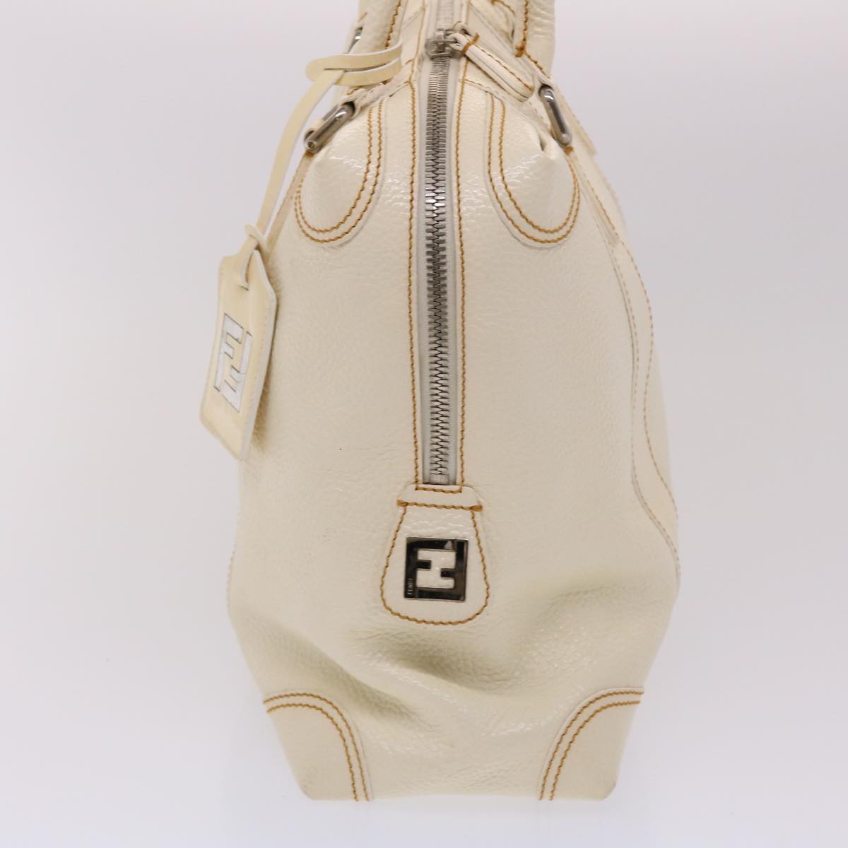 FENDI Boston Bag Leather White Auth bs6767