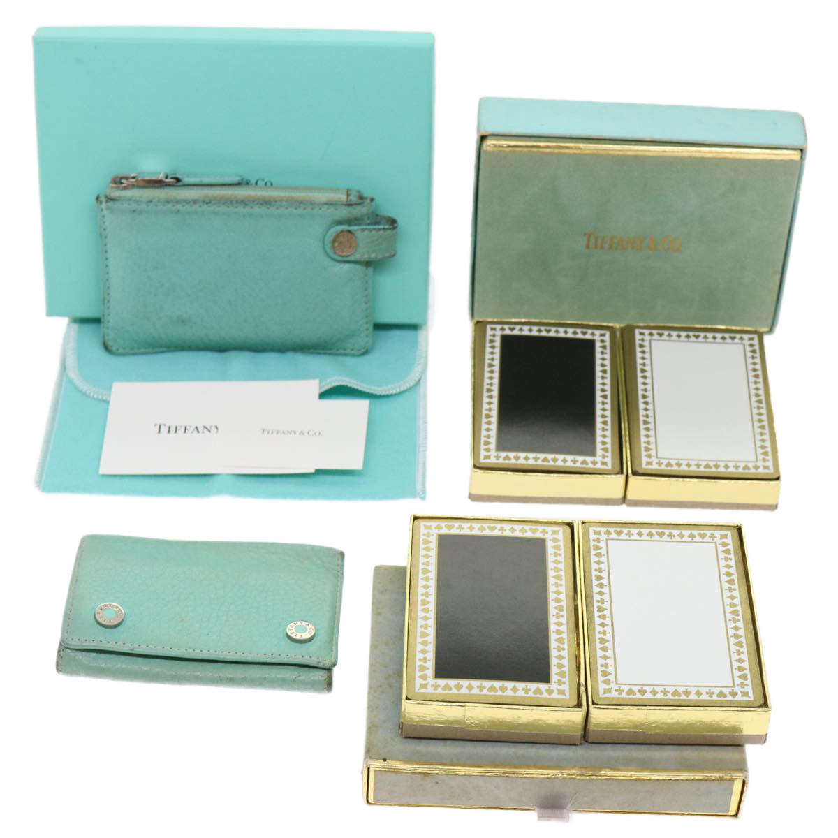 TIFFANY&Co. Playing Cards Key Case Leather 4Set Light Blue Auth bs6788