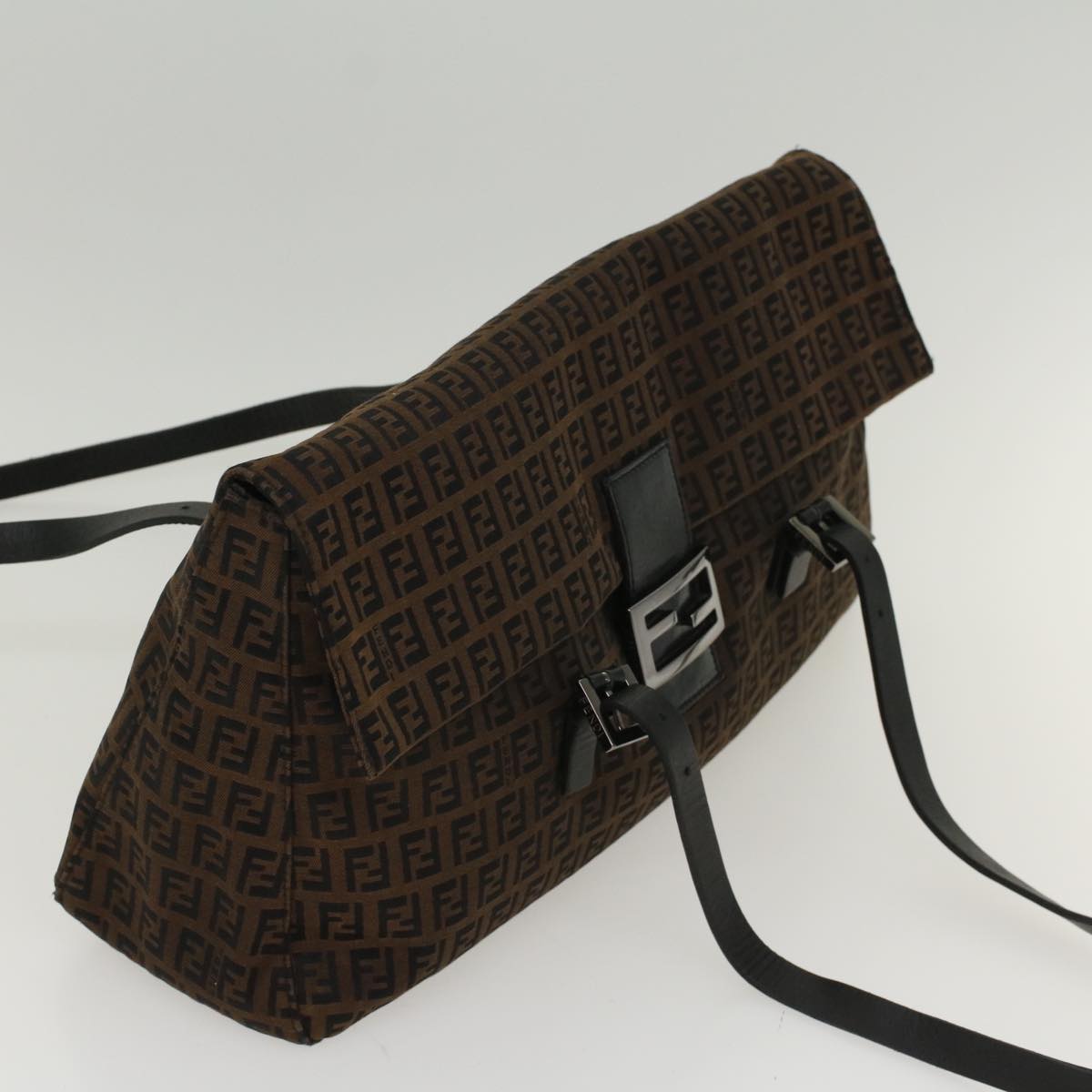 FENDI Zucchino Canvas Shoulder Bag Leather Dark Brown Auth bs6815