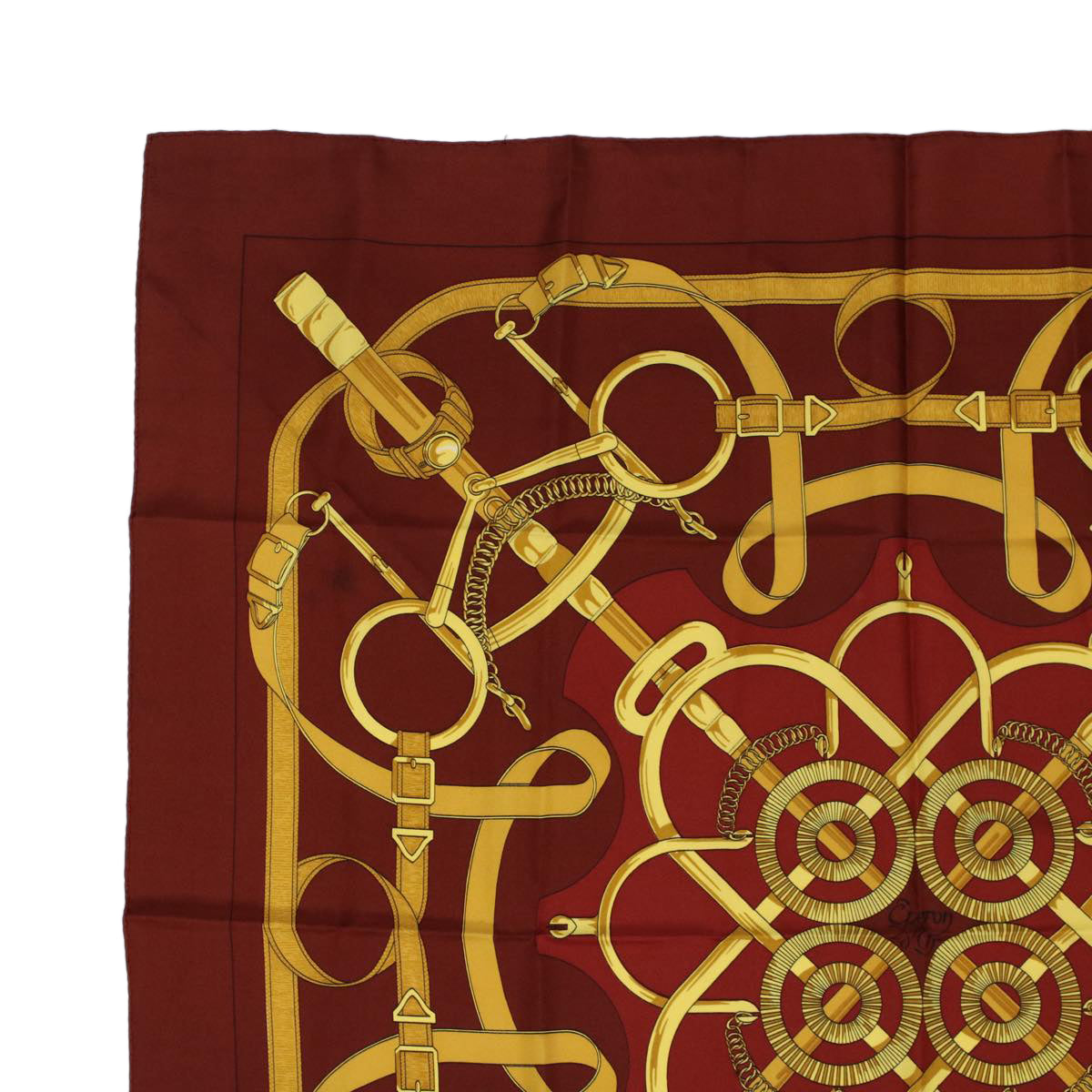 HERMES Carre 90 Eperon d‘or Scarf Silk Brown Yellow Auth bs6824 - 0