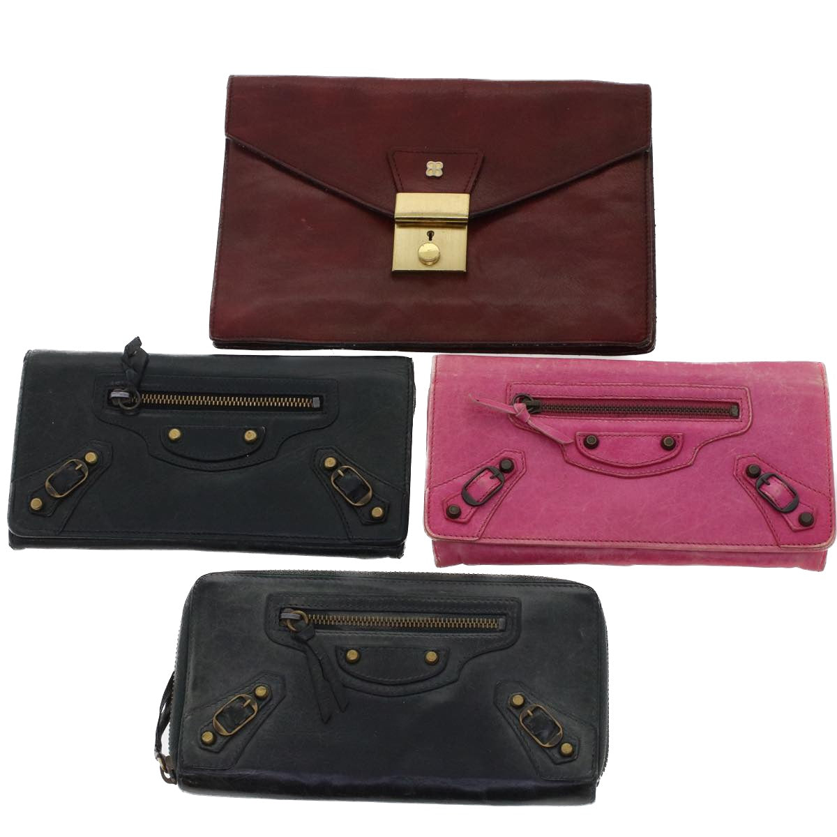 BALENCIAGA Wallet Leather 4Set Brown Black pink Auth bs7062