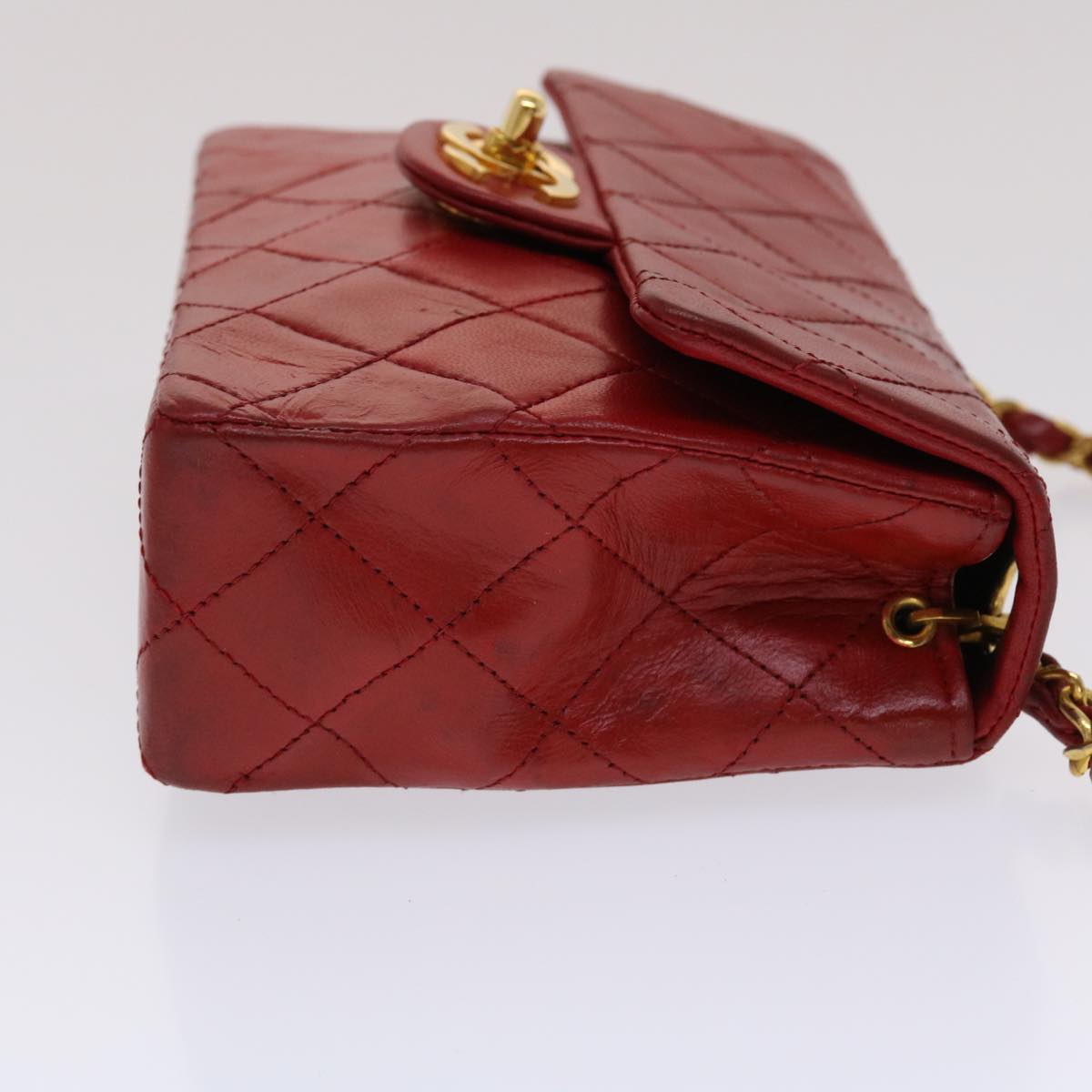 CHANEL Chain Matelasse Shoulder Bag Lamb Skin Red CC Auth bs7079
