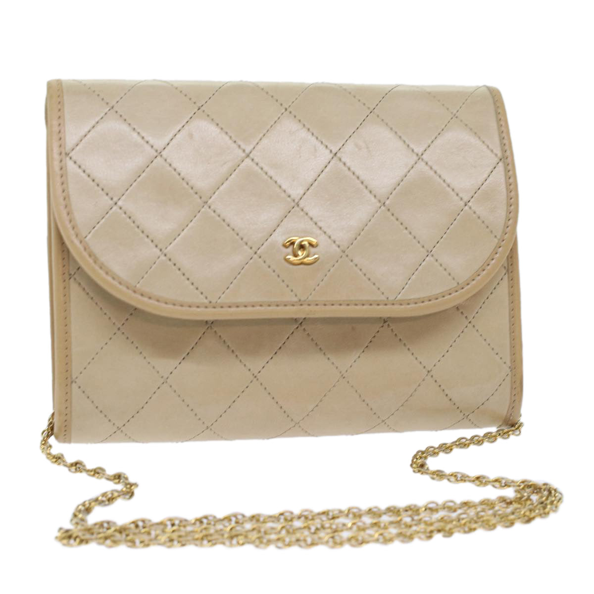 CHANEL Chain Shoulder Bag Lamb Skin Beige CC Auth bs7081