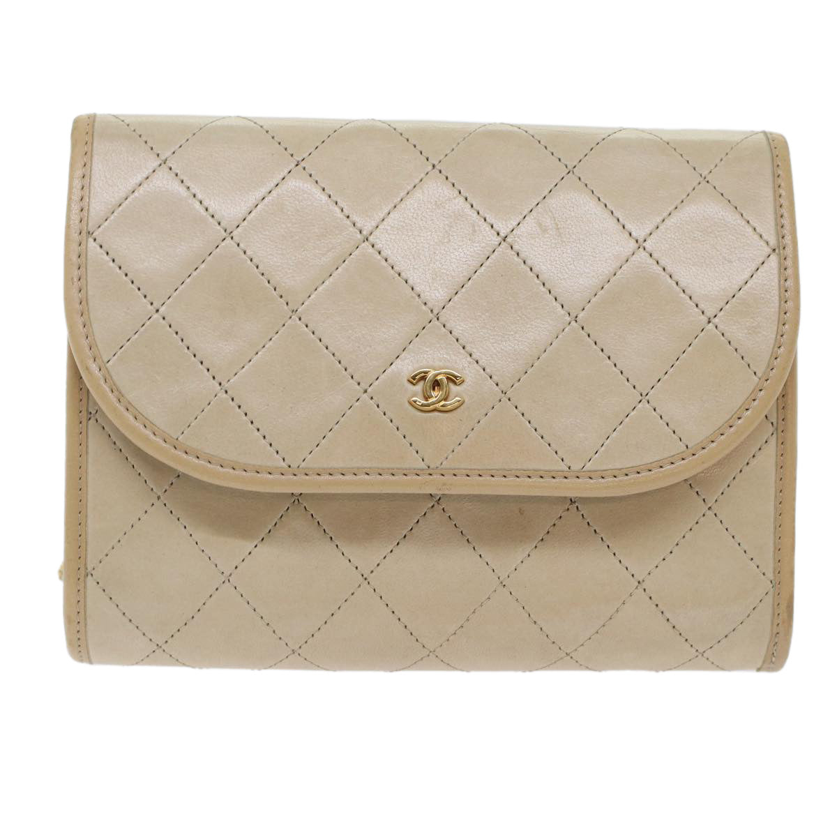 CHANEL Chain Shoulder Bag Lamb Skin Beige CC Auth bs7081