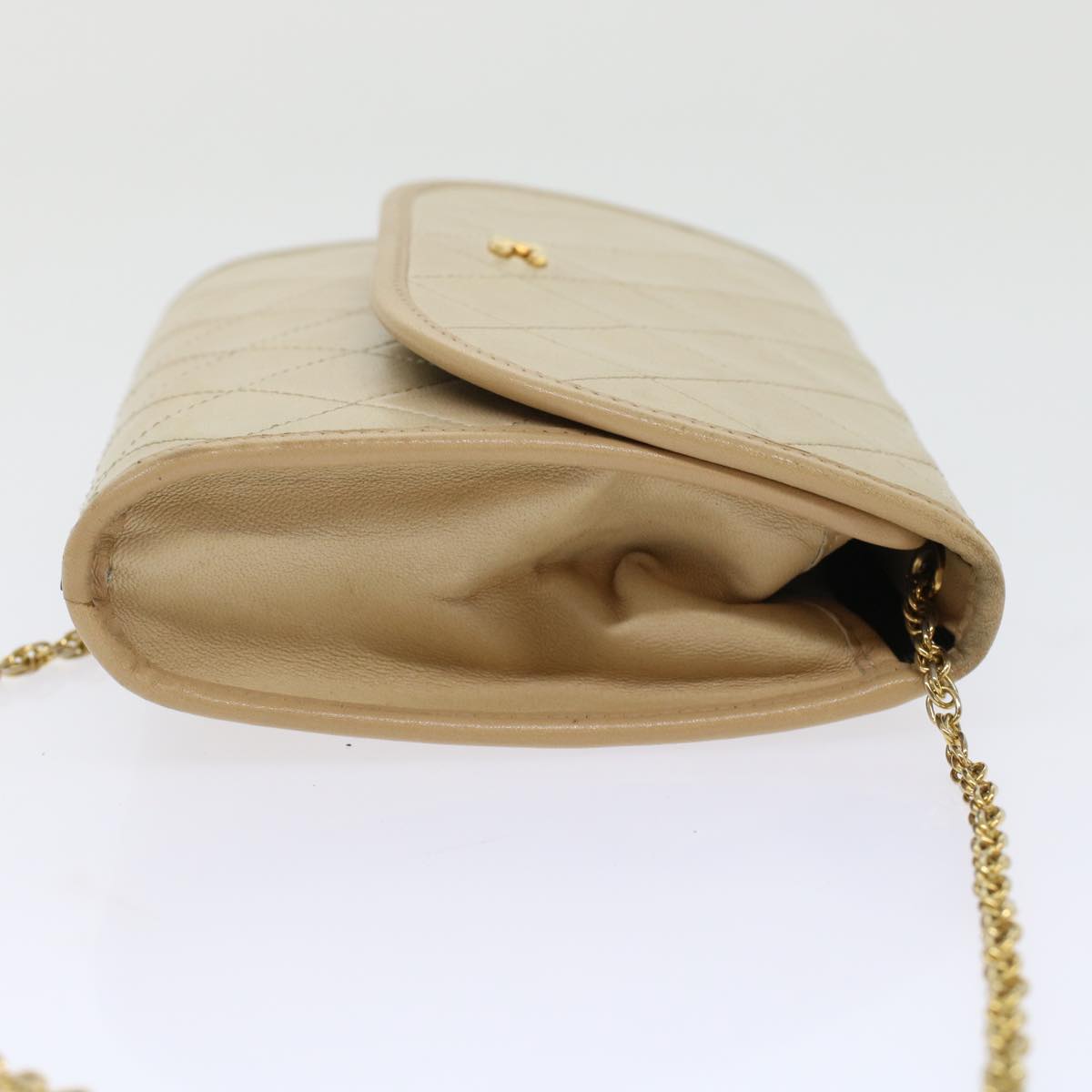 CHANEL Chain Shoulder Bag Lamb Skin Beige CC Auth bs7081