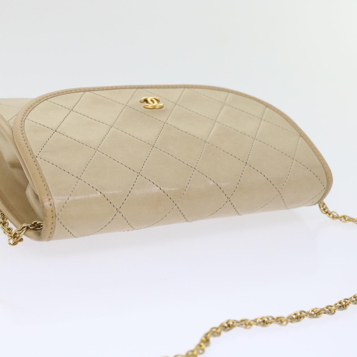 CHANEL Chain Shoulder Bag Lamb Skin Beige CC Auth bs7081